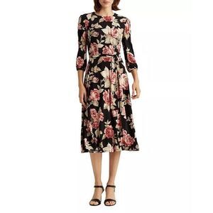 Lauren Ralf Lauren Rose-Print Balloon-Sleeve midi  Dress Sz M